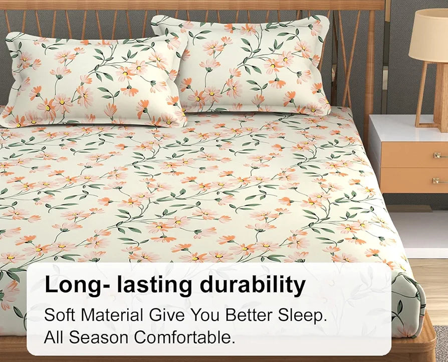 Fresh From Loom King Size Microfiber Floral Print Bedsheet 240 TC Includes 2 Pillow Covers Barely-Peach