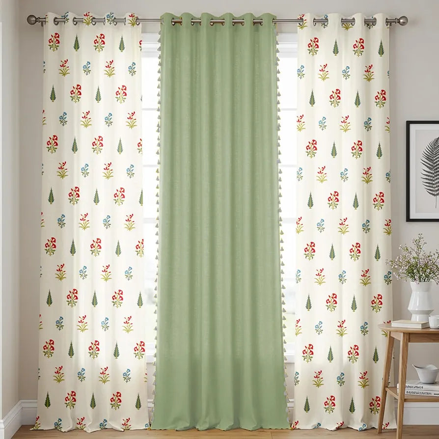 Urban Space Floral Cotton Curtains For Door, Combo Set Of 3 Room Darkening Curtains Tieback & Eyelets High Garden Red & Aura Green