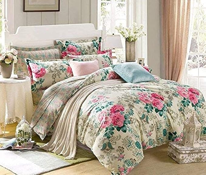 Huesland by Ahmedabad Cotton 144 TC Cotton King Size Bedsheet with 2 Pillow Covers - Beige, Pink, Green