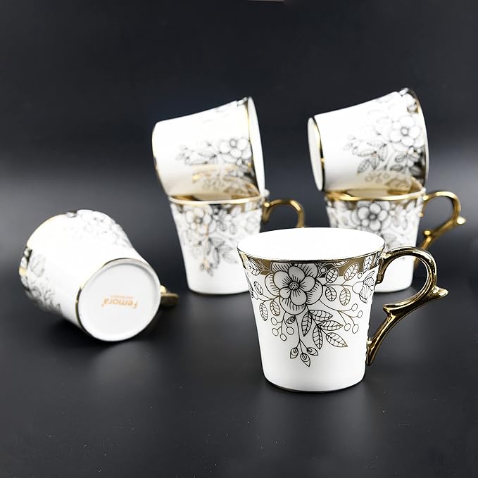 Femora Premium Gold Floral Buds Leaves Ceramic Coffee & Tea Cup Set of 6 | 160 Ml