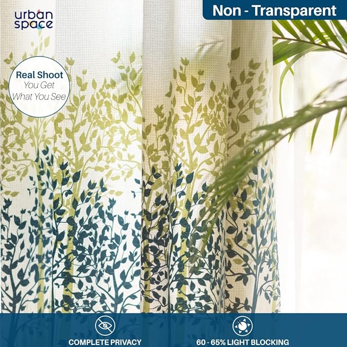 Urban Space Cotton Semi Sheer Curtains For Door Set Of 2 With Eyelets And Tieback (Colour Panel Jungle Blue)
