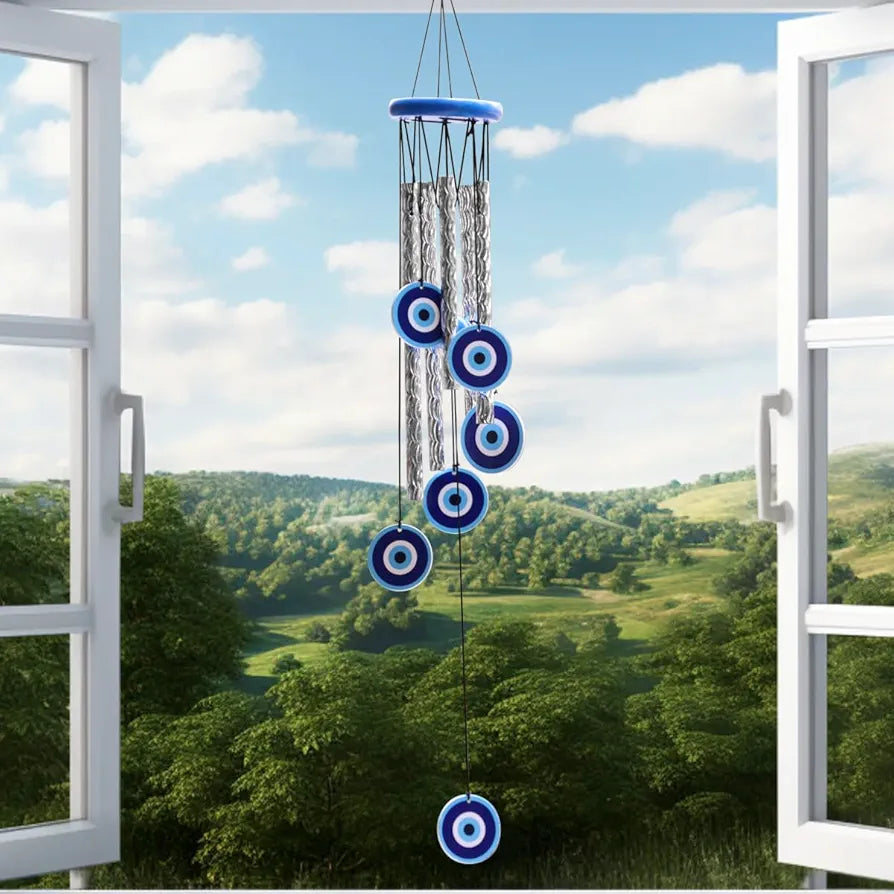 Shubhanjali Metal Evil Eye Wind Chimes 27Inch Turkish Wind Chime Blue