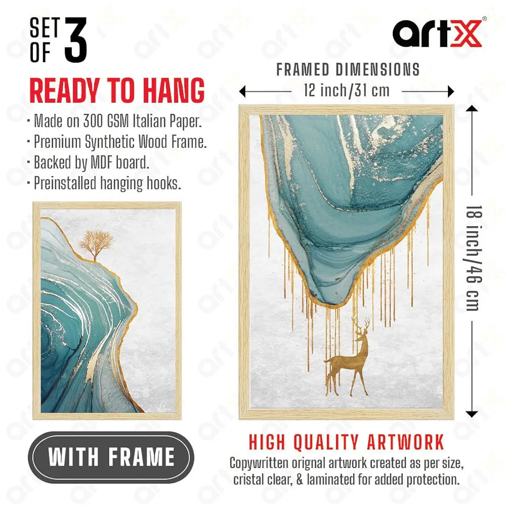 ArtX Paper Golden Deer Paintings with Frame Set of 3