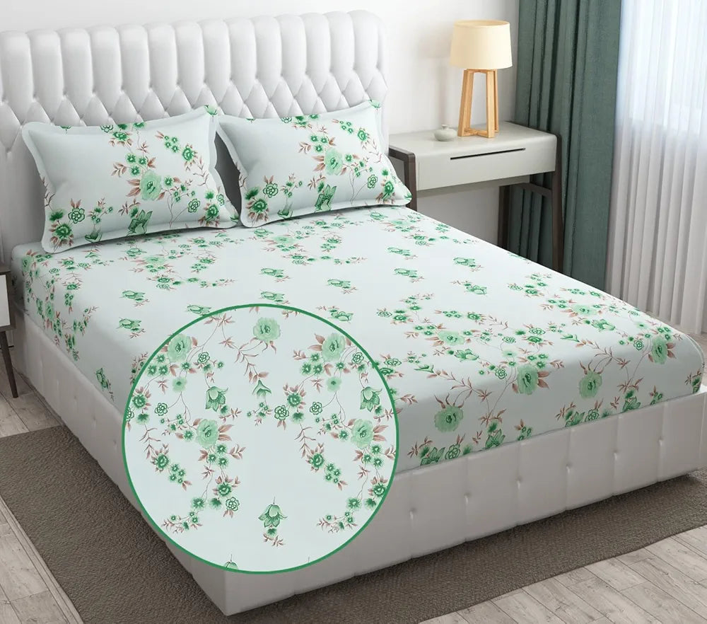 Fresh From Loom Floral Print 240 TC Microfiber Fitted King Size Bedsheet Set with 2 Pillow Cover Soft-Cyan