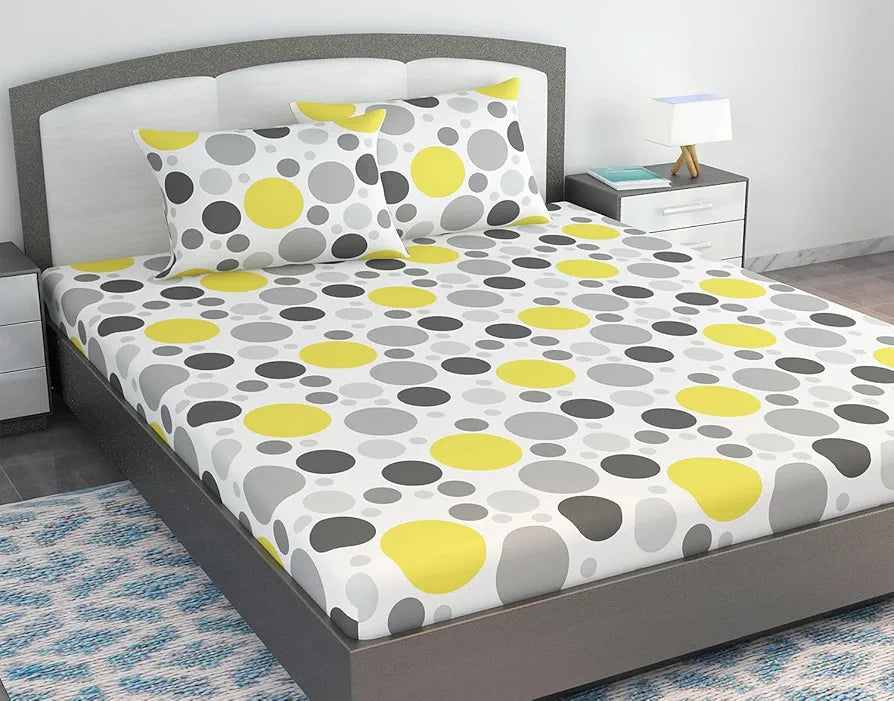 Divine Casa 144 TC 100% Cotton King Bedsheet with 2 Pillow Covers Geometric Pattern Colour Grey & Yellow