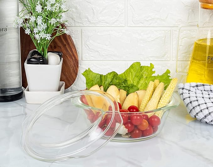 Femora Borosilicate Serving Bowl | Glass Casserole Set, Glass Bowl With Lid, Microwave Safe Bowl Set | Freezer Safe | 1000 Ml