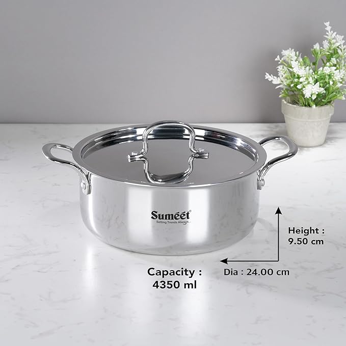 Sumeet Cook Smart TriPly Steel-Aluminium-Steel 3 Layers Casserole Lid- 4.35Ltr 24Cm Silver