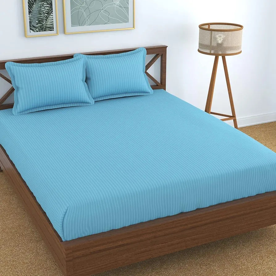 Fresh From Loom Soft Skin Safe Breathable Queen Size Flat Striped Bedsheets Hotel & Home Double Bedsheet Set with 2 Pillow Covers 144 TC Aqua