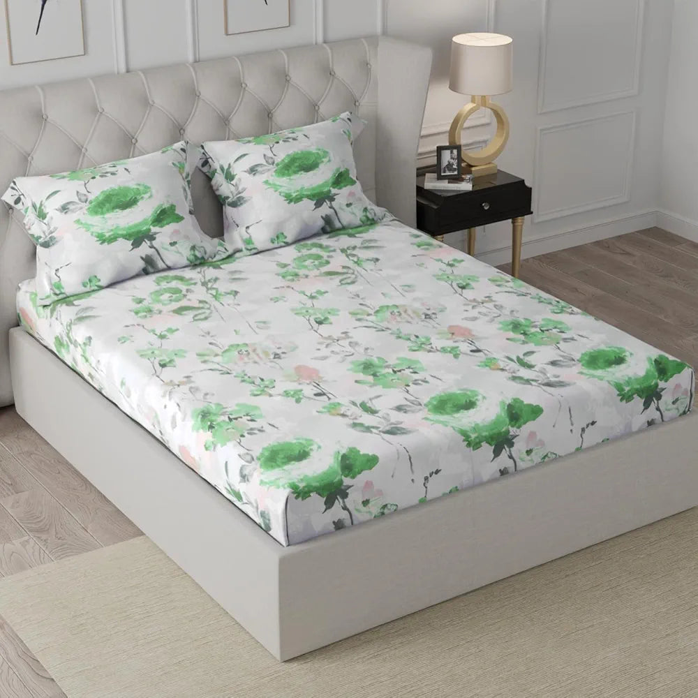 Cloth Fusion Glace Cotton Elastic Fitted Bedsheet for Double Bed King Size with 2 Pillow Covers Garden Mist