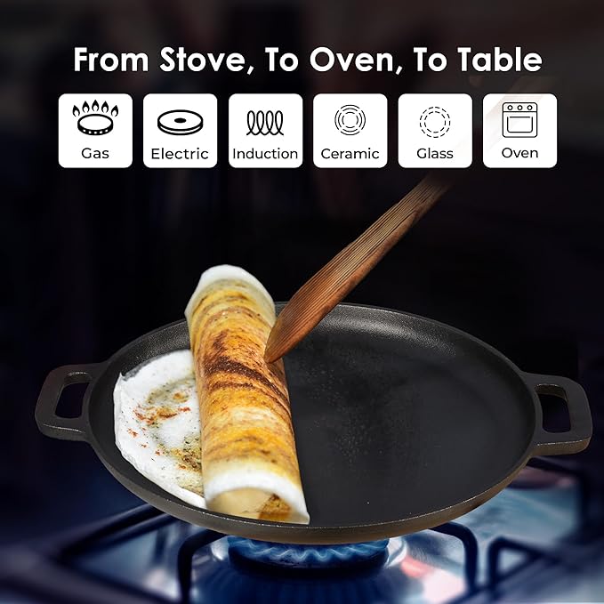 Solara Crown Stone Premium Cast Iron Tawa for Dosa 30 Cm With 2 Loops | Tawa for Dosa | Gas & Induction Friendly