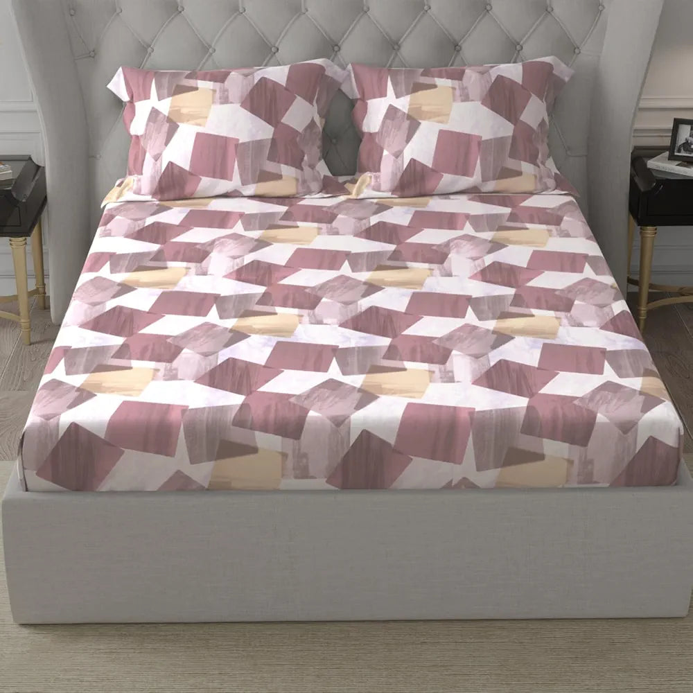 Cloth Fusion Glace Cotton Elastic 18Floral Beige6tc Abstract Fitted Bedsheet for Double Bed King Size with 2 Pillow Covers Square Brown