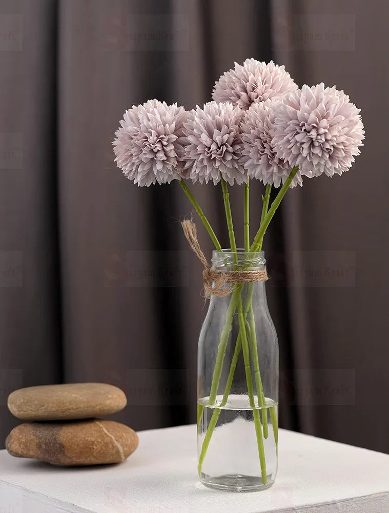 Artificial Chrysanthemum Ball Flowers Fabric Sticks Bouquet Silver Mauve