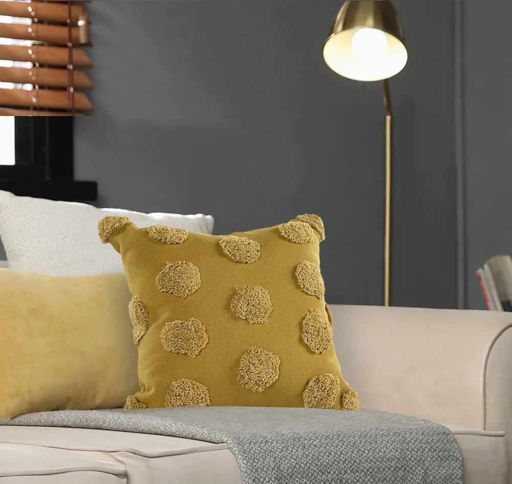Sashaa World Cotton Tufted Dots Cushion Cover Colour Mustard (Pack of 2)