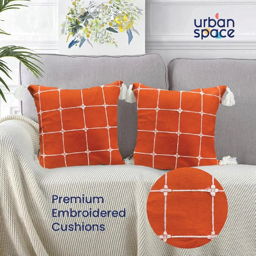 Urban Space Embroidered Cotton Cushion Cover Set of 2 Cushion Covers for Sofa, Bedroom, Living Room Colour Aura Checks Orange