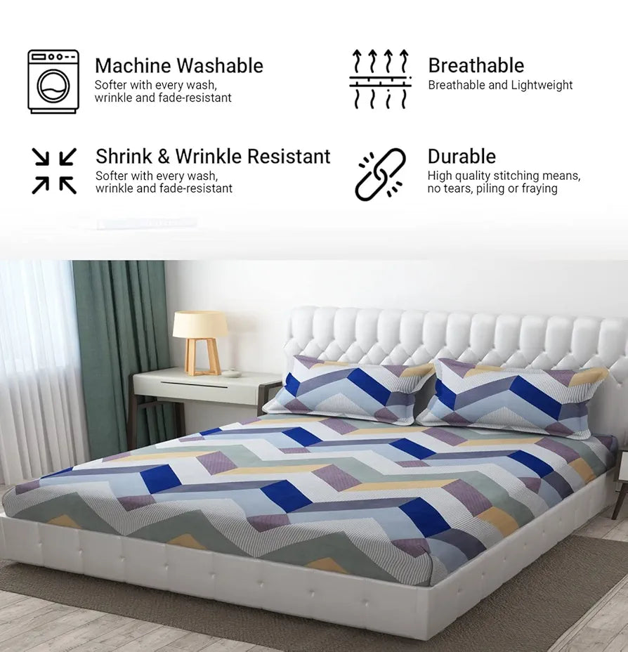 Fresh From Loom Microfiber King Size Bedsheet for Double Bed Floral Design Bed Spread with 2 Pillow Covers 144 TC Blue Grey