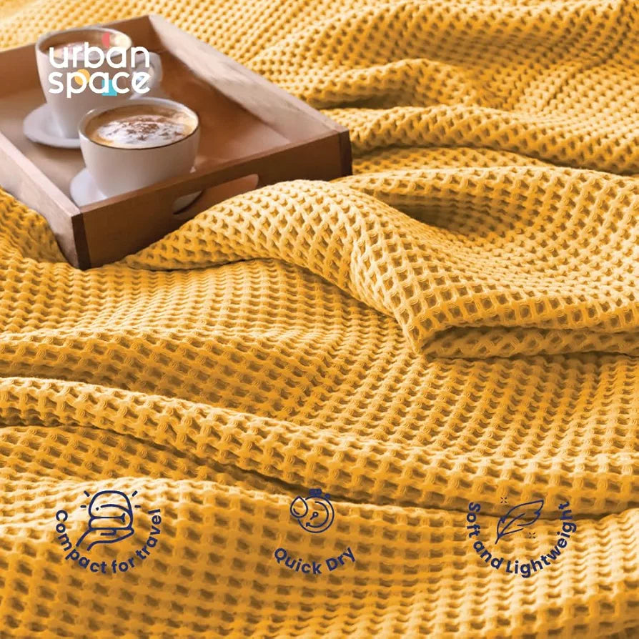 Urban Space Cotton Waffle Throw Blanket, Soft Decorative Throw for Living Room, Sofa, Chair and Couch, Handmade,Reversible and Breathable Throw Waffle Mustard