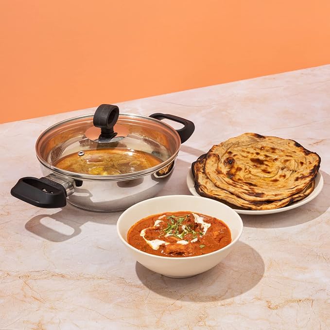 Vinod Stainless Steel Deluxe Saucepot With Glass Lid - 4 Litres | 22 Cm | Biryani Pot | Riveted Sturdy Handles