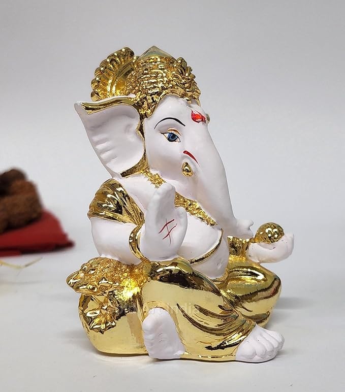 Gold Art India Gold Plated Gaddi Ganesha for Car Dashboard Home Decor Gaaddigoldwhite