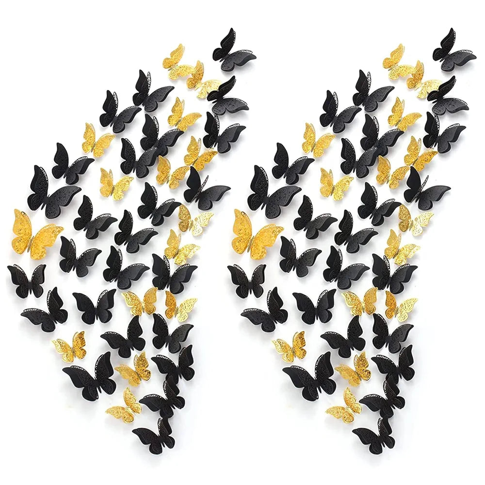 Xtore 120 Pcs Stunning 3D Black and Golden Butterfly Wall Decor Self-Adhesive