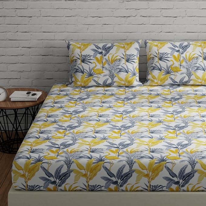 Huesland by Ahmedabad Cotton 144 TC King Size Bedsheet Cotton with 2 Pillow Covers | Flamingos Yellow