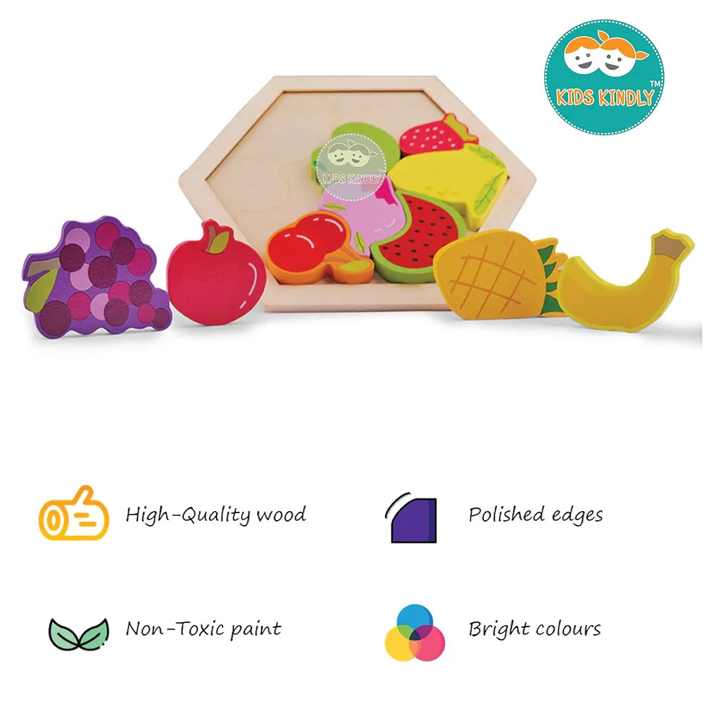 KIDS KINDLY Wooden Stacking and Sorting Puzzle - Fruits Theme, Jigsaw Puzzle, Wooden Toys for Kids, Age 3+