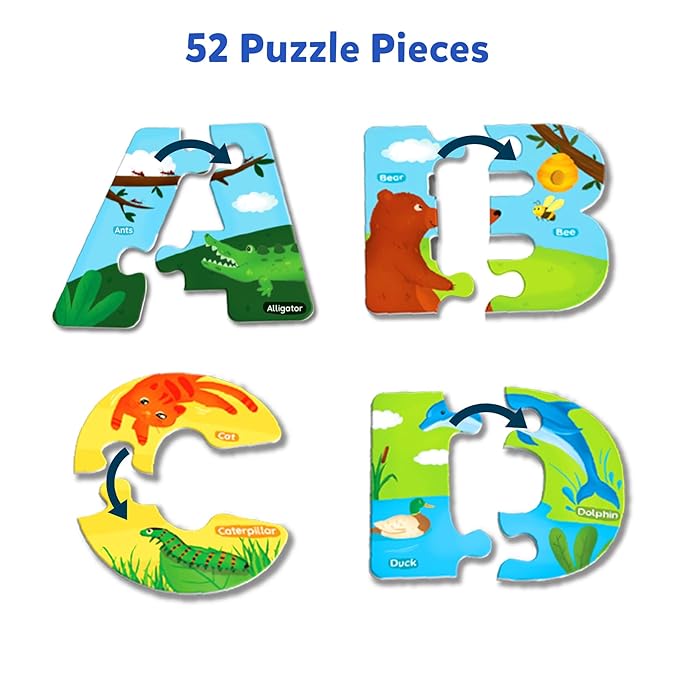 Skillmatics Animal Alphabet Puzzle 52 Piece Jigsaw Puzzle for Toddlers