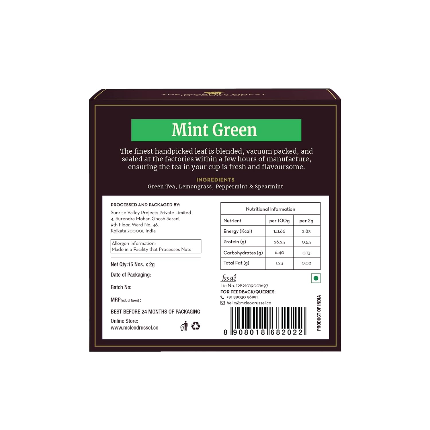 McLeod Russel 1869 Mint Green 15 Pyramid Tea Bags - 30 gms