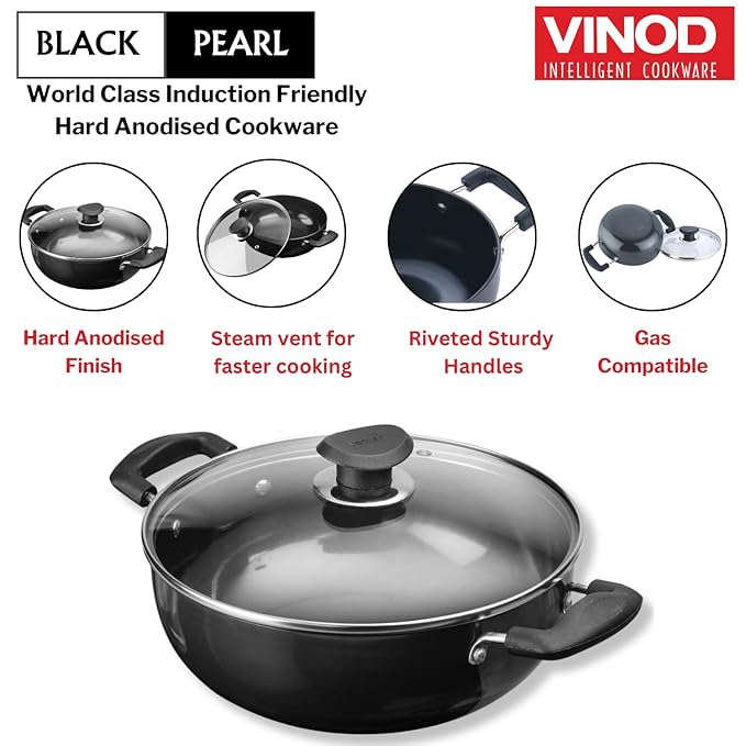 Vinod Black Pearl Hard Anodised Non Stick Deep Kadhai with Glass Lid - 4.1 LTR, 26 cm | 3.25mm Thickness | kadai for Cooking