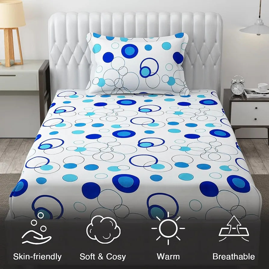Fresh From Loom Microfiber Single Size Bedsheet for Single Bed Floral Design Bed Spread with 1 Pillow Covers 144 TC Circle White