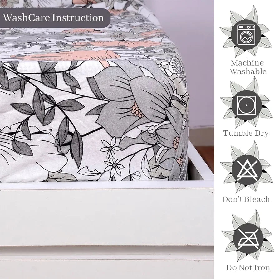 Divine Casa 144 TC Floral Grey 100% Cotton Elastic Fitted Bedsheets King Size with 2 Pillow Covers Colour Griffin