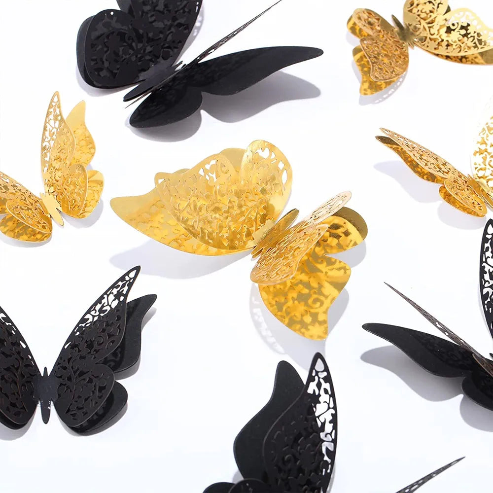 Xtore 120 Pcs Stunning 3D Black and Golden Butterfly Wall Decor Self-Adhesive