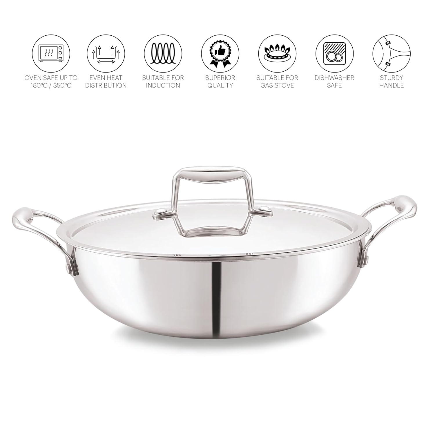 Cello Tri-ply 20 Cm Stainless Steel Cookware Kadhai With Lid