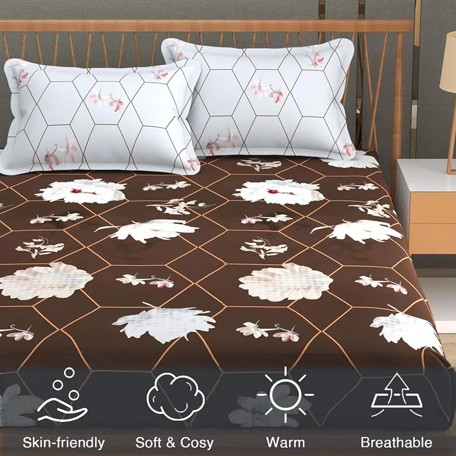 Fresh From Loom Floral Microfiber Cotton King Size Bedsheet for Double Bed 240 TC Soft Bed Sheet with 2 Pillow Cover Hexagon Brown