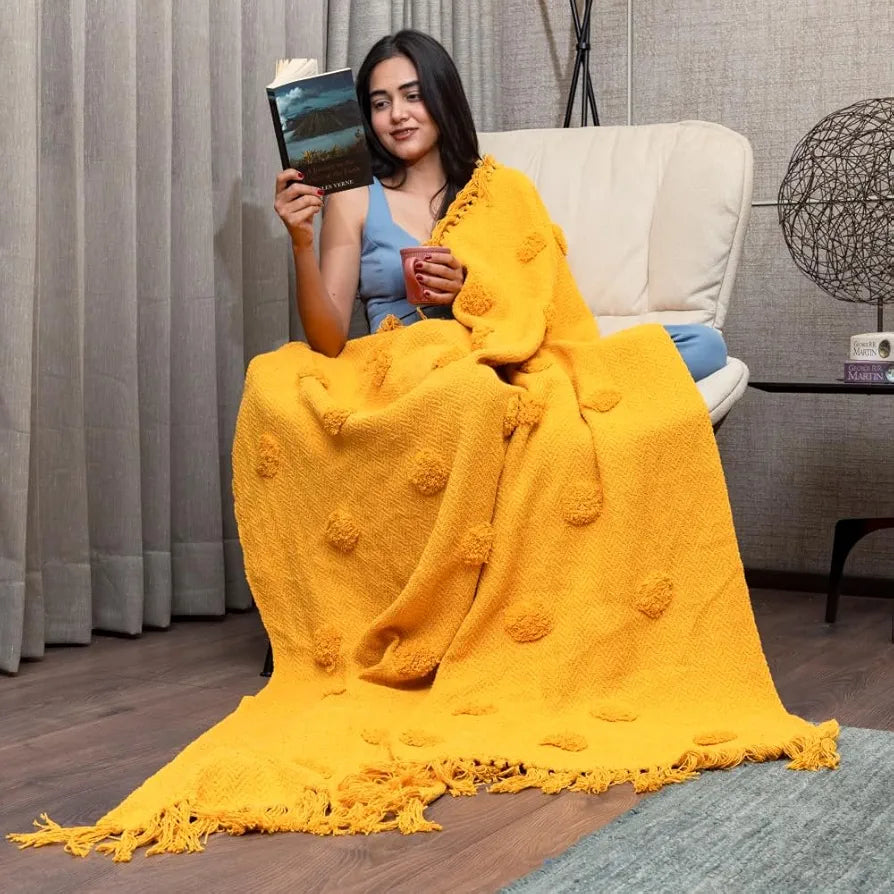 Urban Space Handmade Pure Cotton Sofa Throw Blanket, Soft Decorative Throw for Living Room, Sofa, Chair and Couch, Reversible and Breathable Throw Mustard Colour