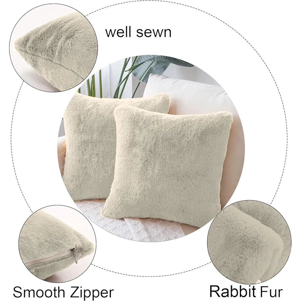 Luxe Home Cushion Cover Duble Side Rabbit Fur Plain Design Covers Set of 2 for Sofa BedColour Beige