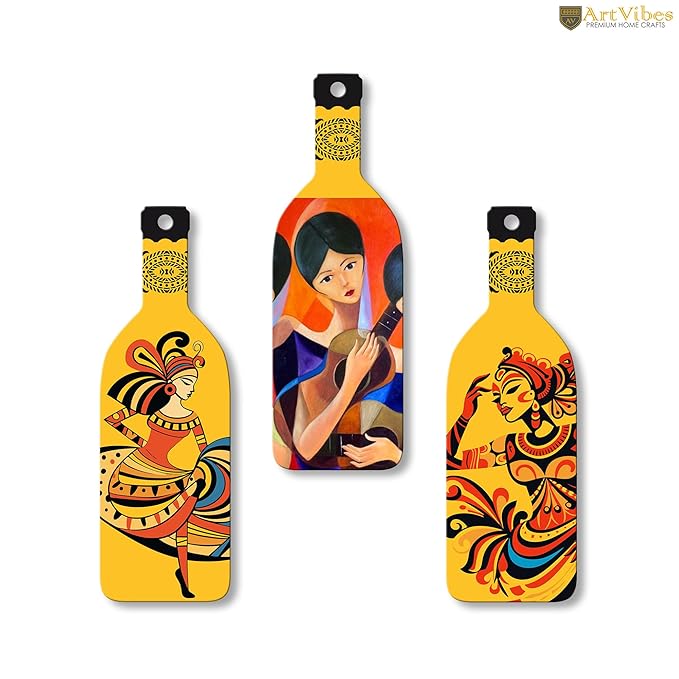 Artvibes Women Guitarist Wooden Wall Hanging for Home Decor | Set of 3