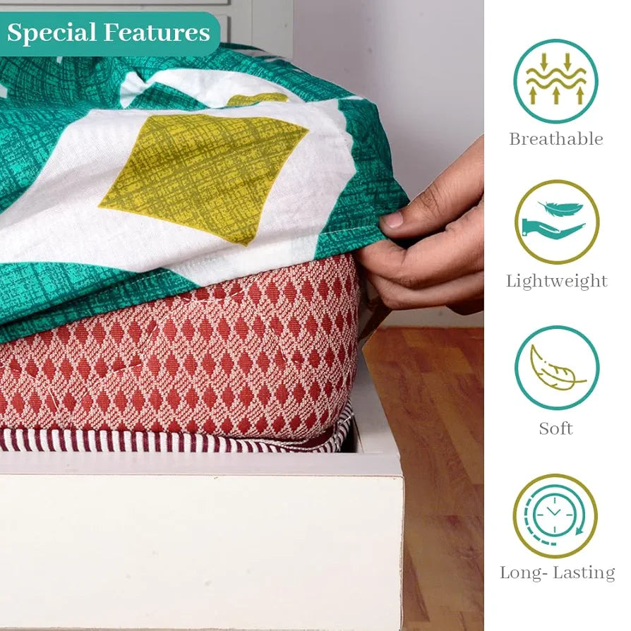 Divine Casa 144 TC Cotton All Around Elastic Fitted Abstract Queen Size Double Bed Bedsheet with 2 Pillow Cover Colour Waterfall