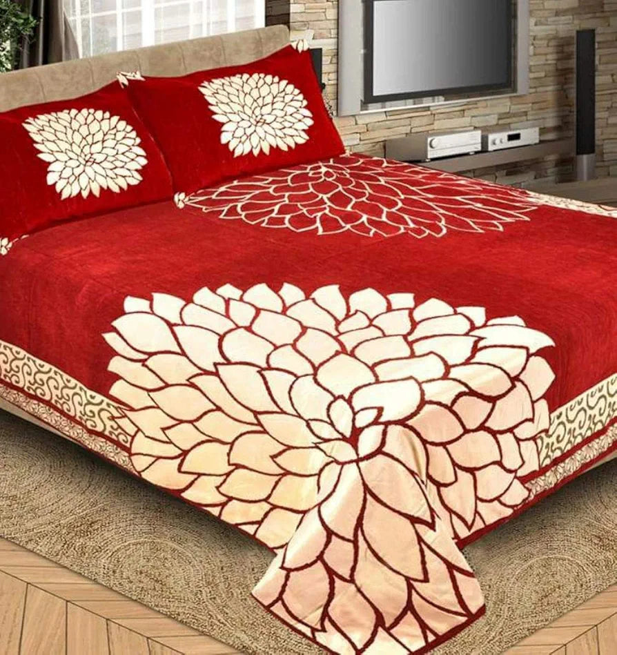 Fresh From Loom Floral Bedsheet Cum Bed Spread for Double Bed King Size 500 TC Chenille Velvet Bed Cover with 2 Pillow Cover Marigold Red