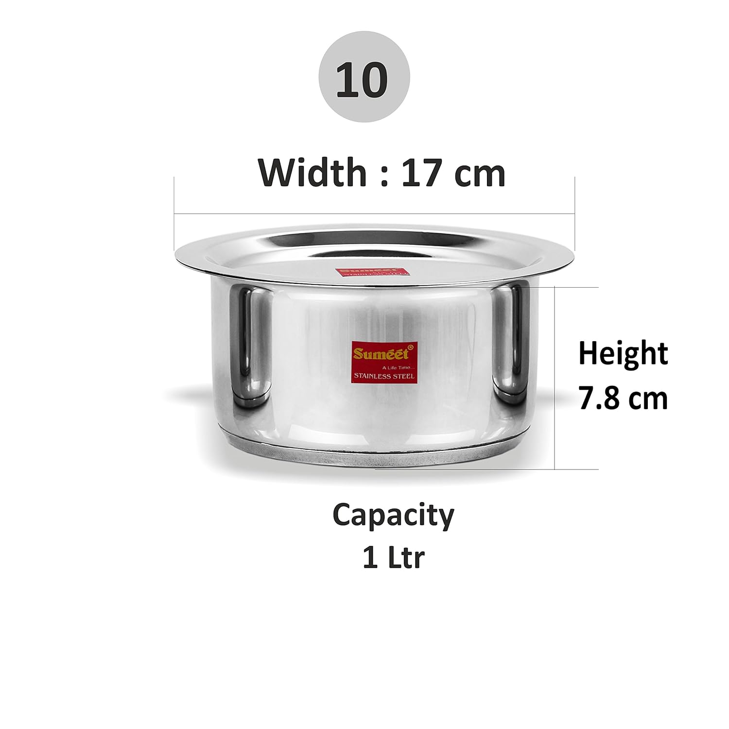Sumeet Stainless Steel Induction Bottom Container Cookware with Lid Size No.10 (1 Ltr)