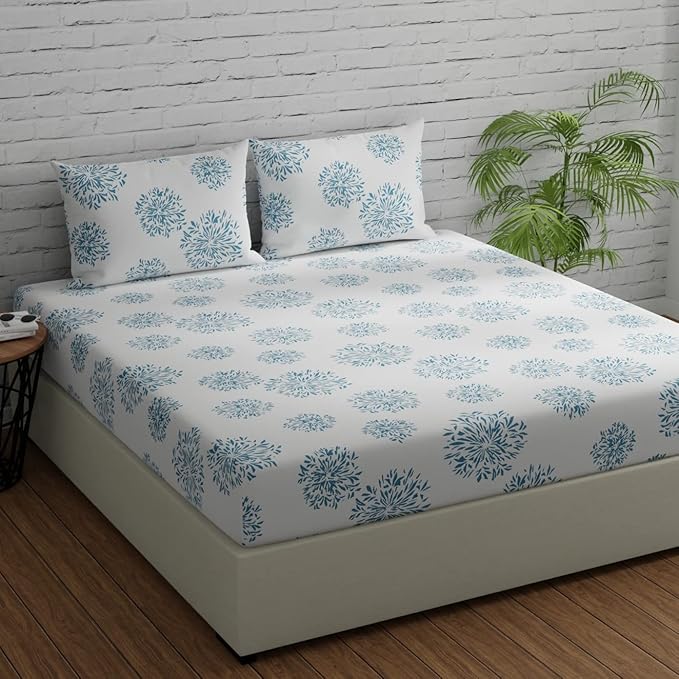Huesland by Ahmedabad Cotton 144 TC Cotton Bedsheets for King Size Bed with 2 Pillow Covers | White (Blue Print)