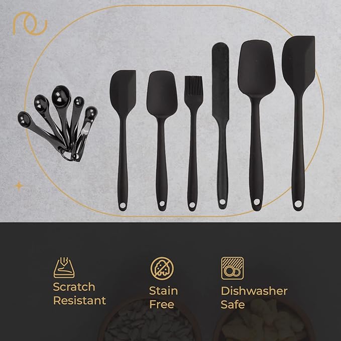 Frenchware Set of 6 + 5 Measuring Tablespoons, Black Colour | Non-stick Silicone Spatulas for Cooking & Baking | Dishwasher Safe