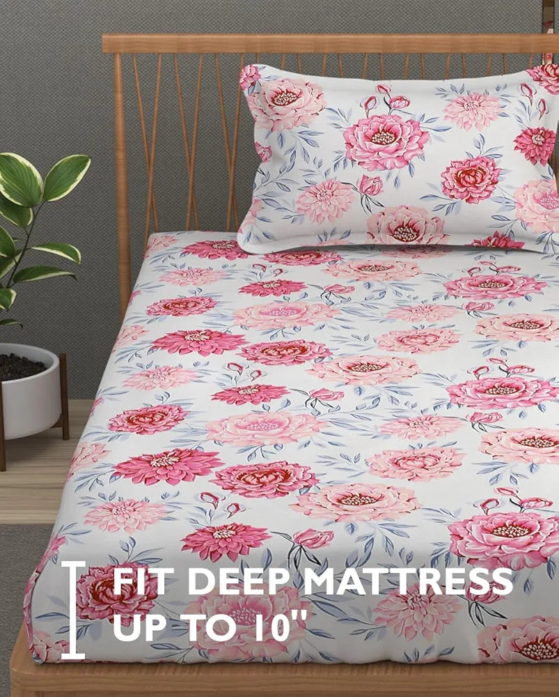 Fresh From Loom Floral Print 240 TC Single Bed Microfiber Bedsheet Set 1 Pillow Covers Rose-Offwhite