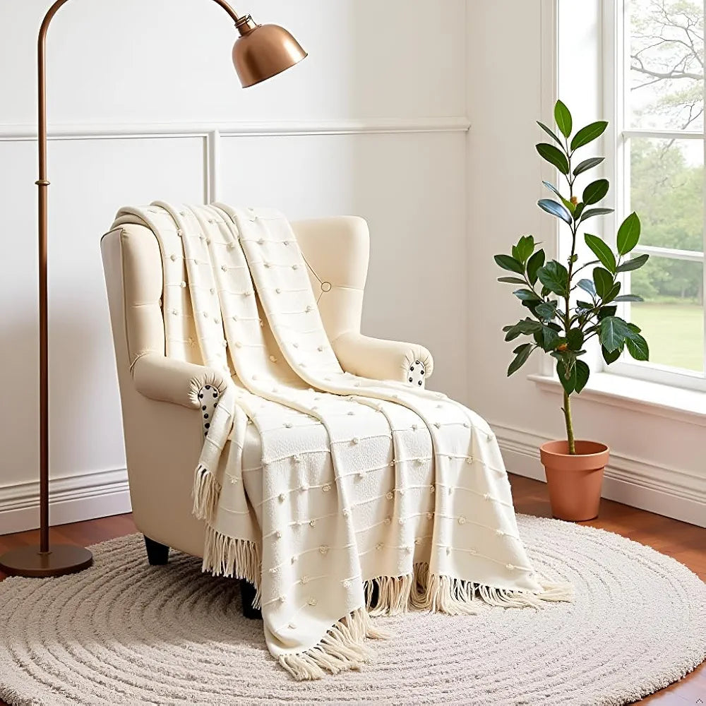 Sajavat Home Hand-Knitted Pure Cotton 3 Seater Sofa Throw  Colour Beige