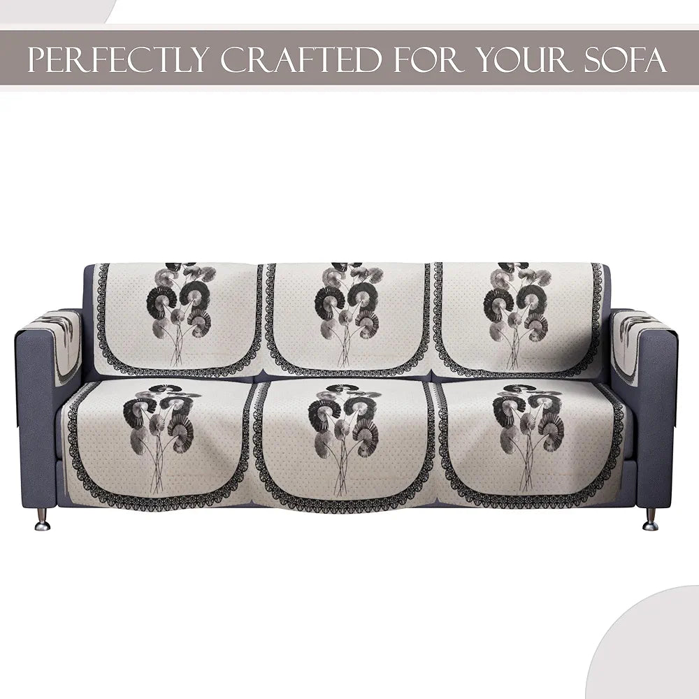 Kuber Industries Set of 16 Velvet Anti-Skid Sofa Cover 5-Seater with Arm Cover Digital Flower-Cream & Green