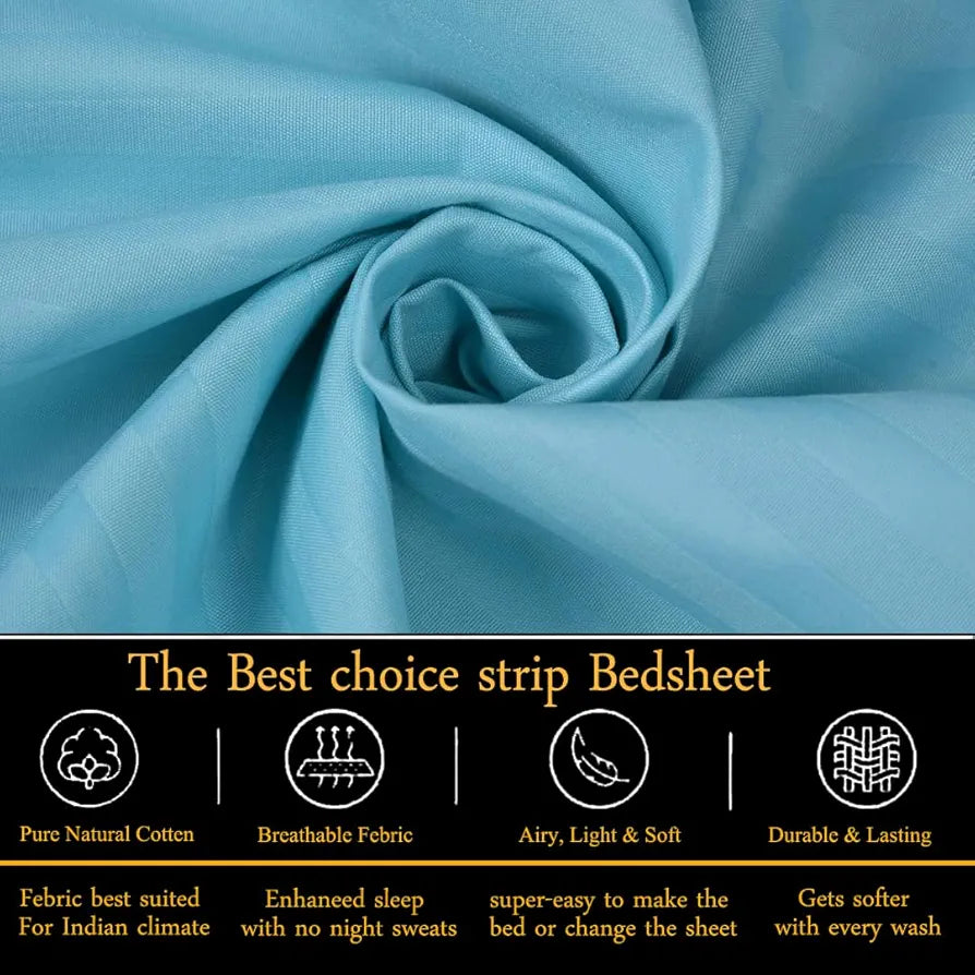 Fresh From Loom Soft Skin Safe Breathable Queen Size Flat Striped Bedsheets Hotel & Home Double Bedsheet Set with 2 Pillow Covers 144 TC Aqua