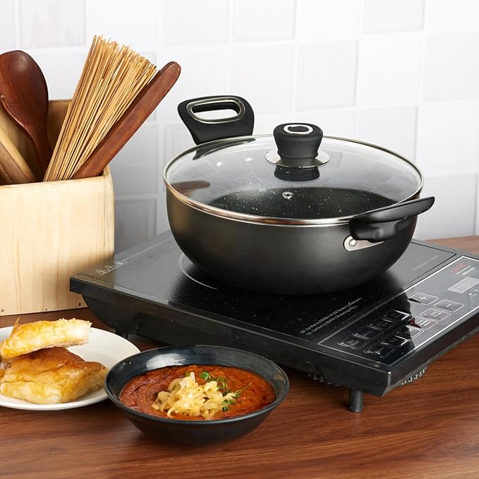 Vinod Hanos Hard Anodised Non Stick Deep Kadhai with Glass lid - 3.1 Litre, 24 cm | 3.25mm Thick | 5X Non Stick