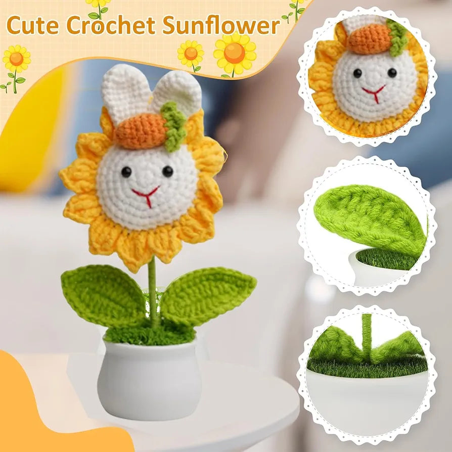 Crochet Flower Rabbit Sunflower With Pot. Artificial Handmade Knitted Flower Yellow