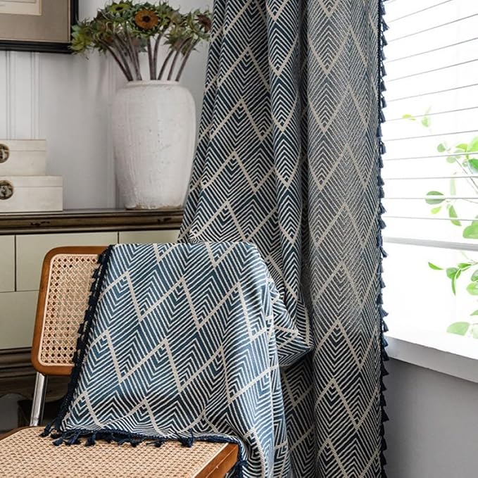 Huesland Cotton Curtains for Windows, 5 Feet Long 1 Bohemian Eyelet Curtain | Navy Wave