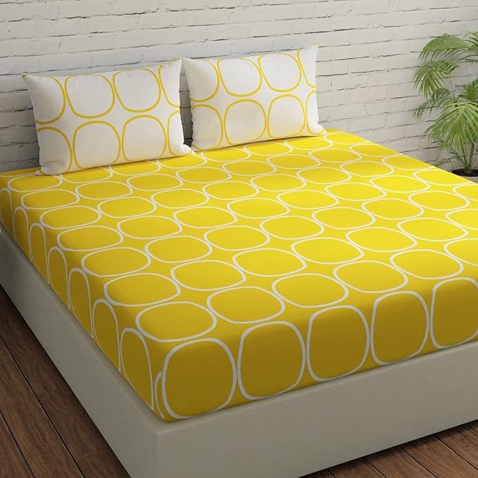 Huesland by Ahmedabad Cotton 144 Tc Cotton Bedsheet for Double Bed King Size with 2 Pillow Covers | Yellow & White