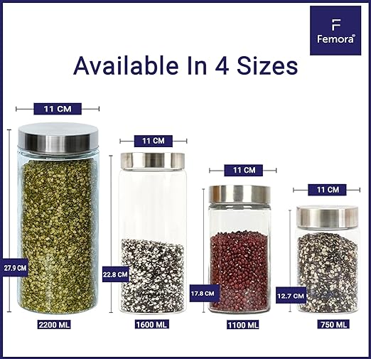 Femora Kitchen Storage Jars Borosilicate Glass With Steel Lid Air Tight Kitchen Jar and Container | 1100 Ml | Pack of 2